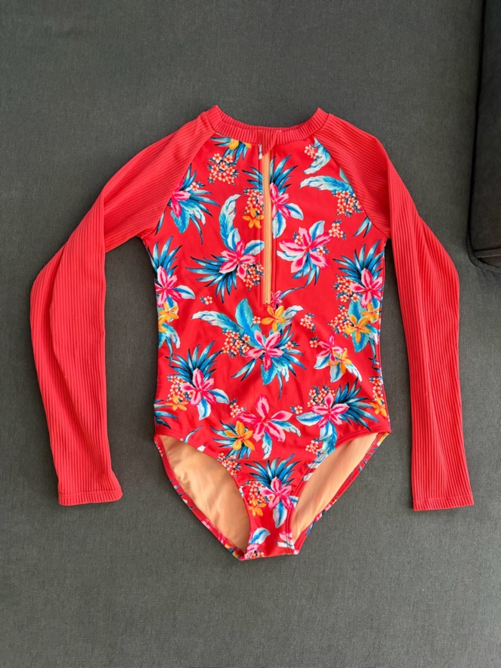Kids Red Floral Long-Sleeve One-Piece Swimsuit